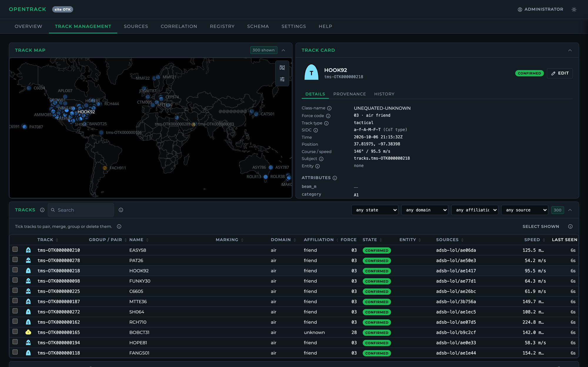 OpenTrack's track management page: a world map of live military aircraft from ADS-B, a selected track's card, and the track table